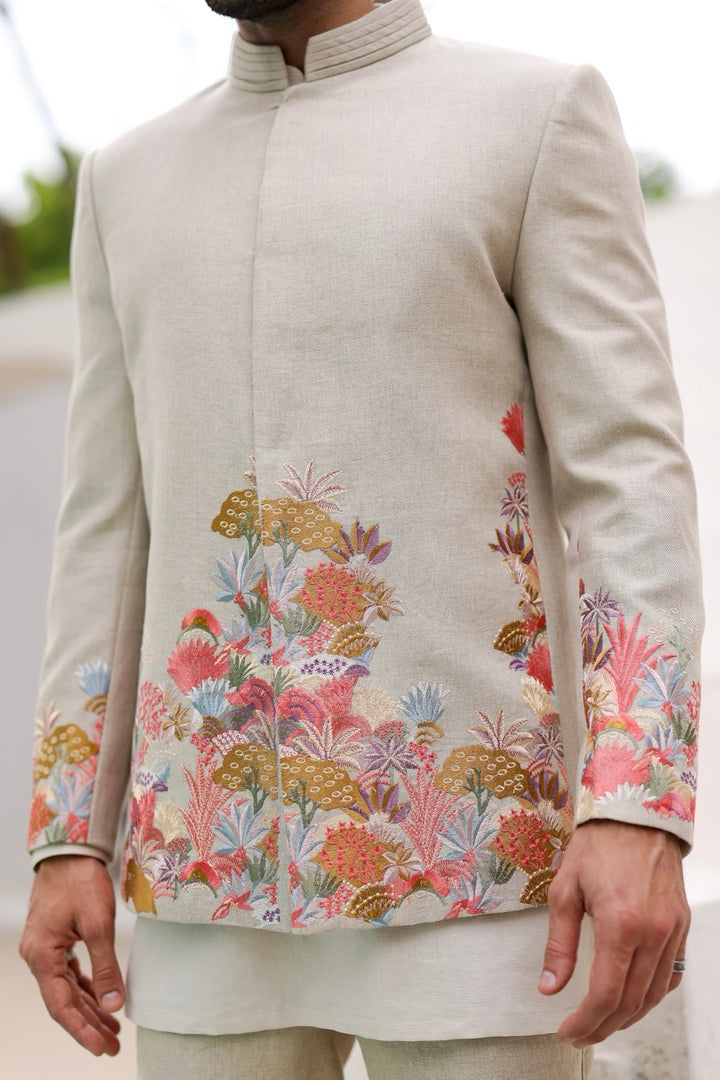 Buy Premium Tan Floral Resham Embroidery Bandhgala