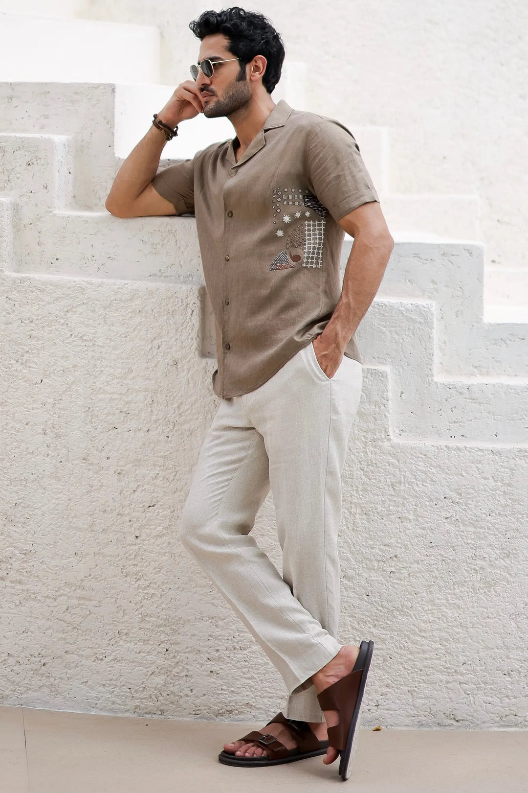 Buy Sand Hued Cuban Embroidered Shirt Online at Best Price