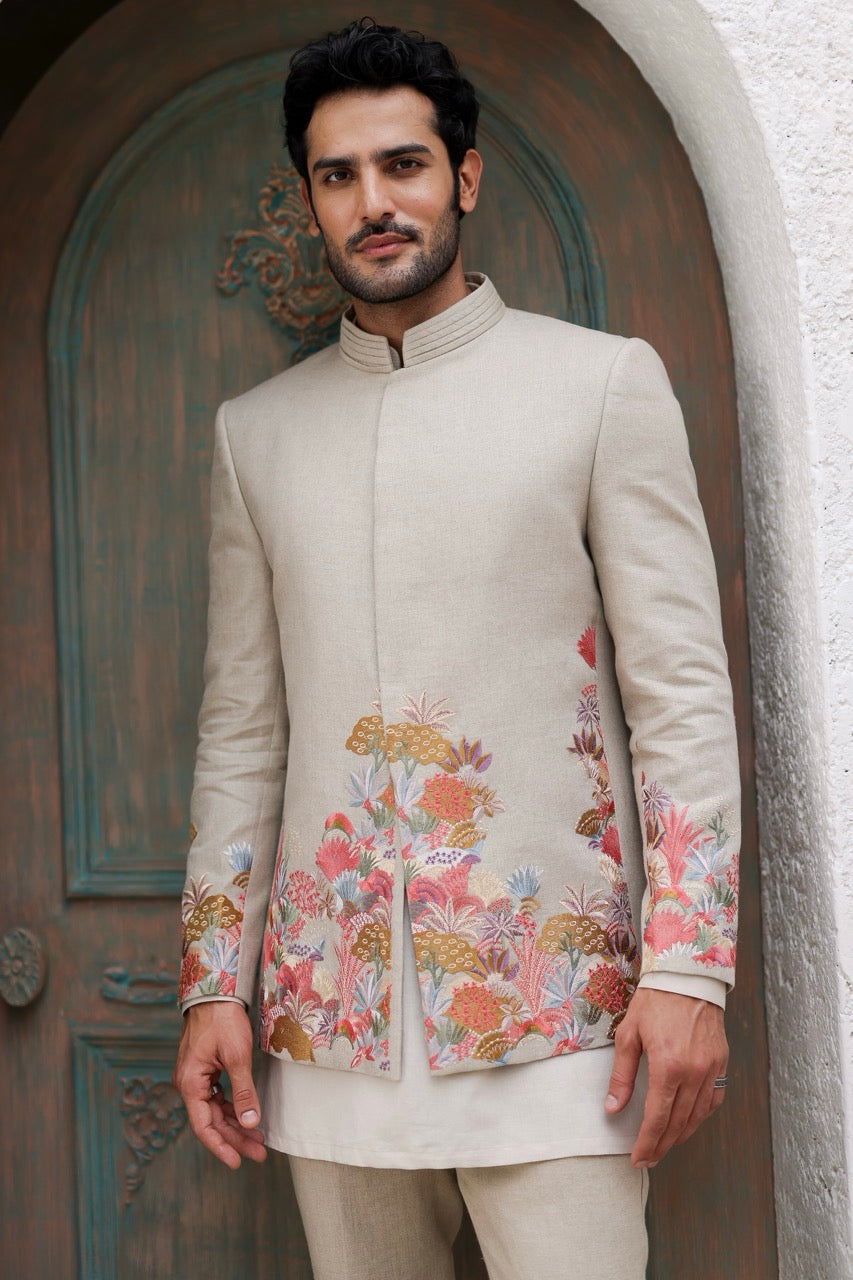 Tan Floral Resham Embroidery Bandhgala