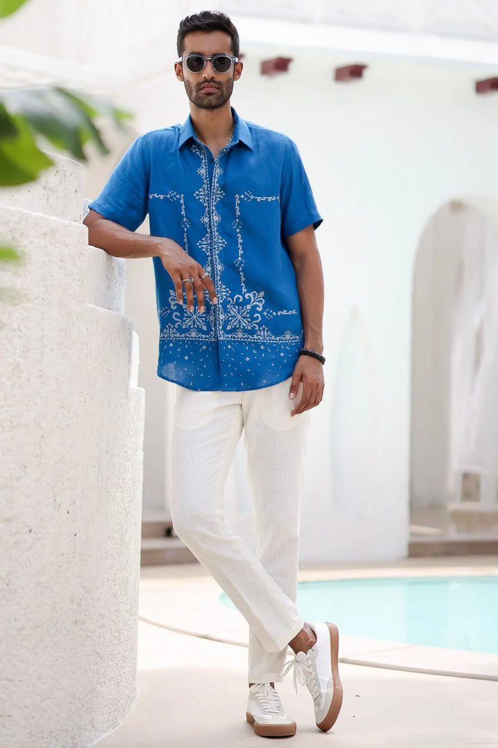 Buy Vivid Blue Cowboy Embroidered Shirt Online