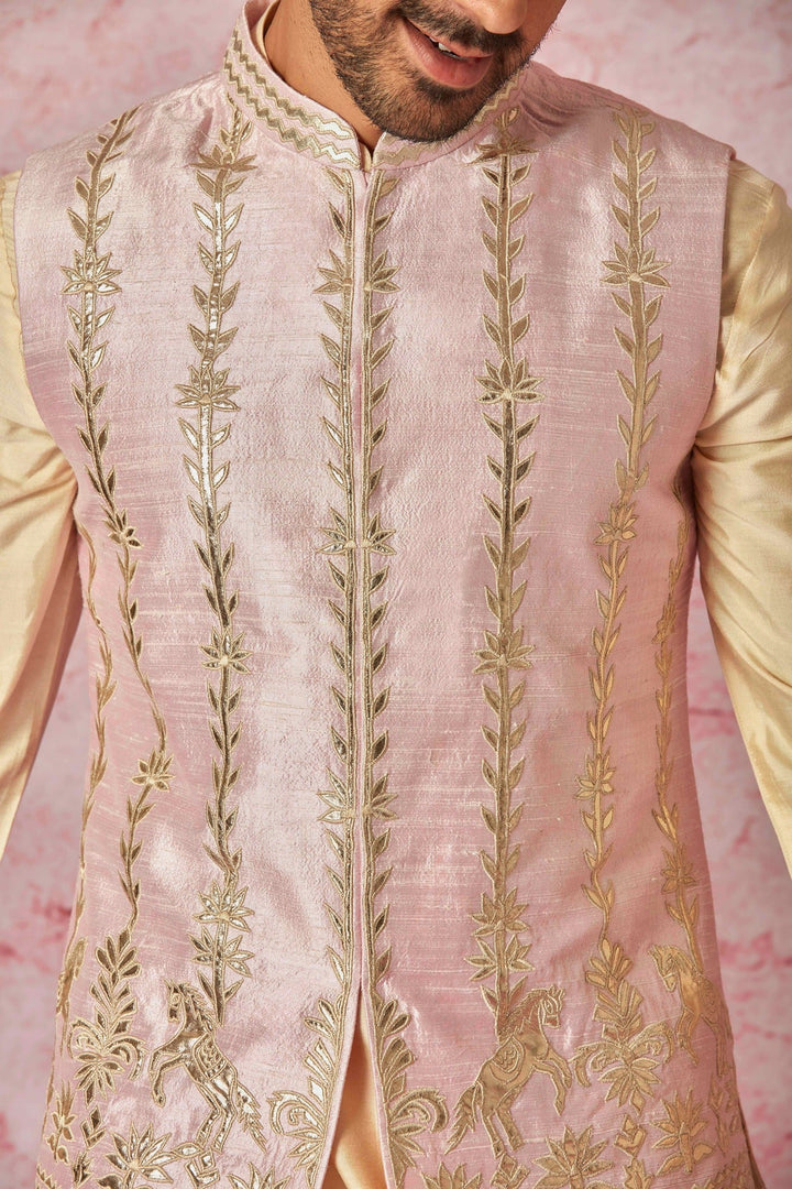 Buy the Best Brand Pink Raw Silk Bundi with Cotton Silk Kurta Set