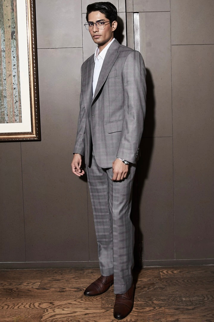 Buy the Best Steel Grey Self-Checkered Statement Suit 