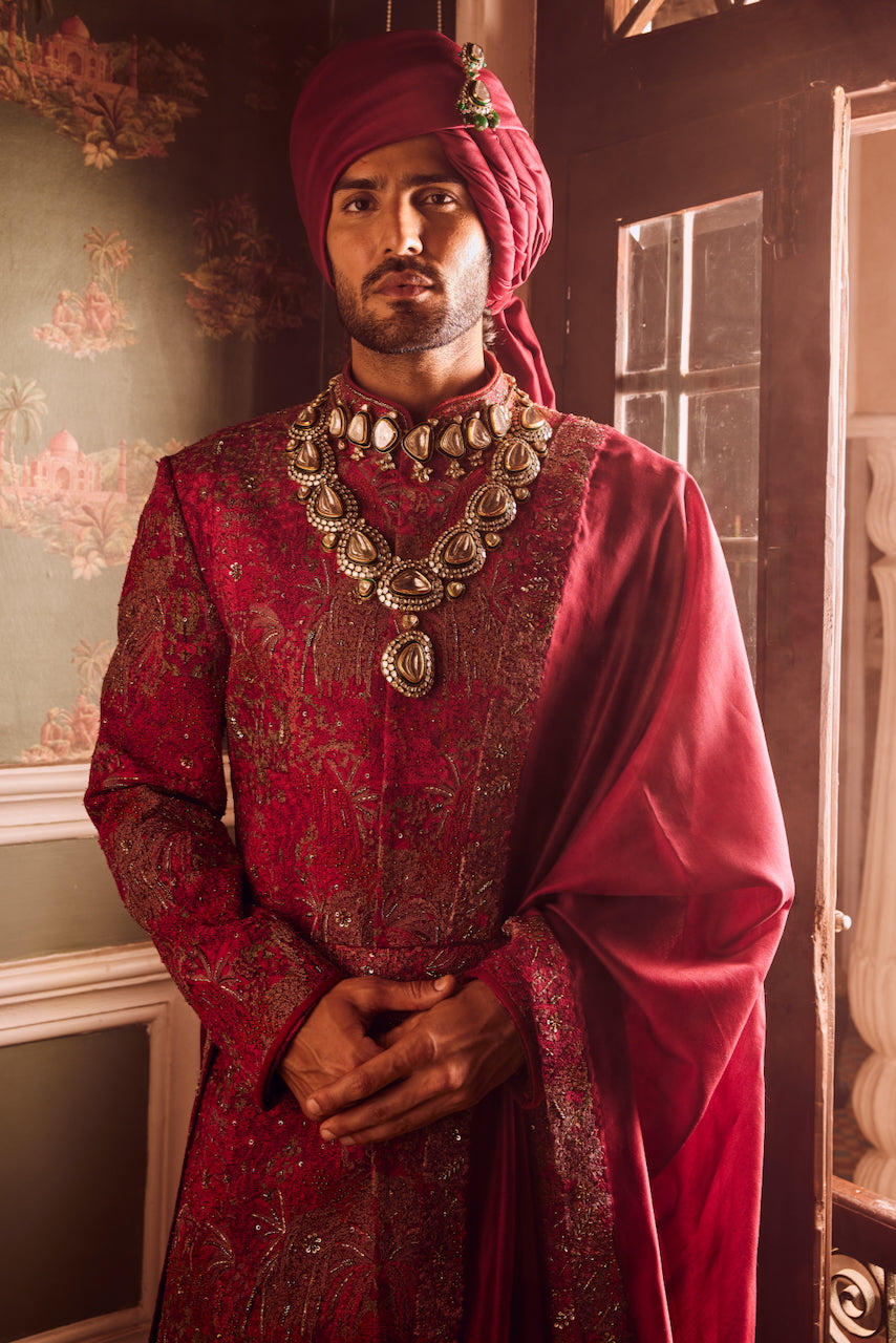 Buy the Best Wine Pitta Moti Silk Sherwani Online with Quick Delivery