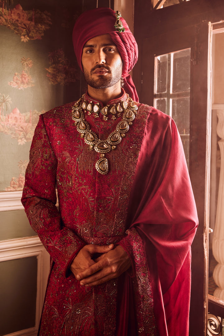 Buy the Best Wine Pitta Moti Silk Sherwani Online with Quick Delivery