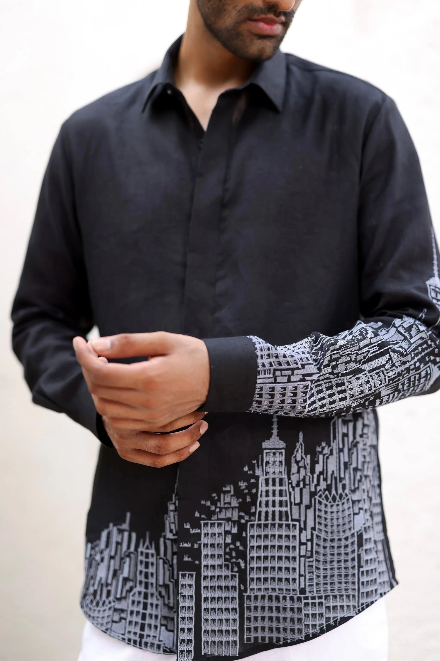 Black City Printed Resham Embroidered Linen Shirt