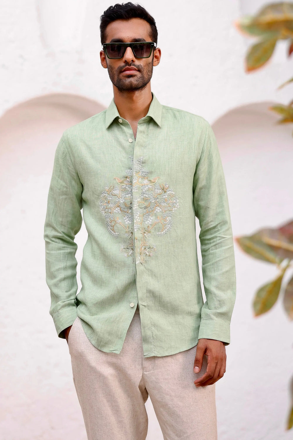 Mint Green Flora Embroidered Shirt - Asuka Couture