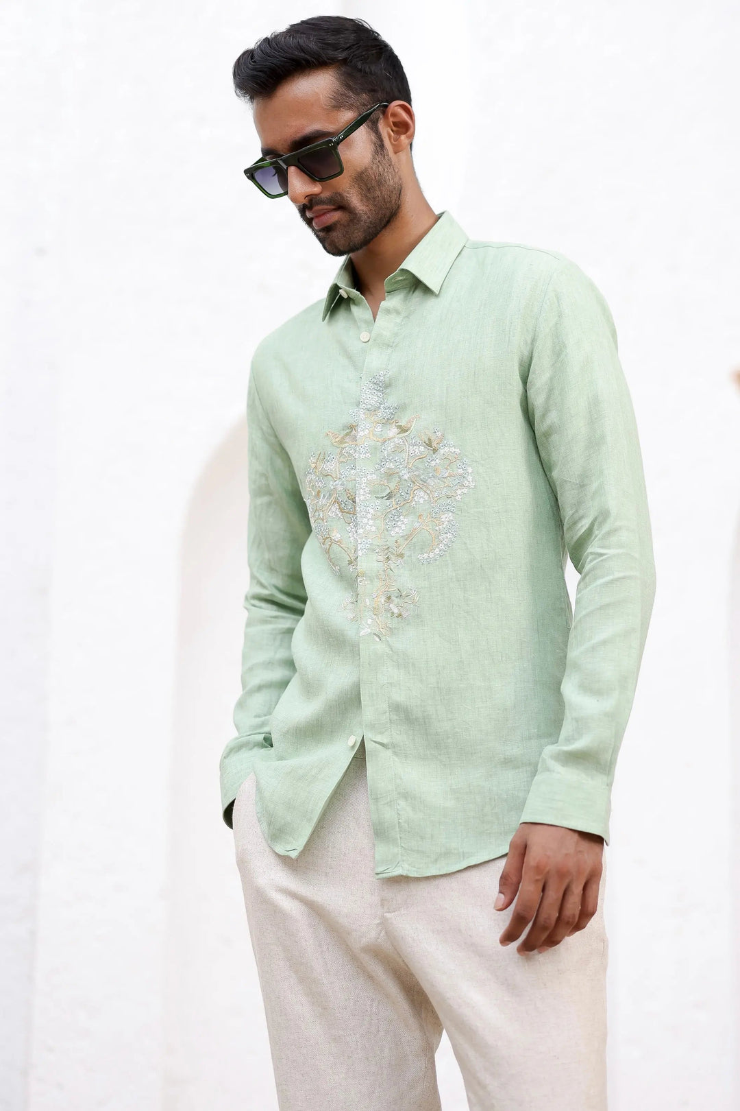 Mint Green Flora Embroidered Shirt - Asuka Couture