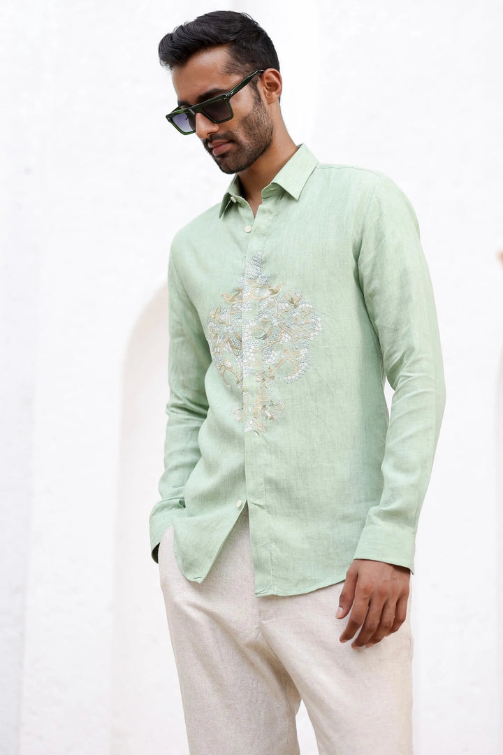 Mint Green Flora Embroidered Shirt - Asuka Couture