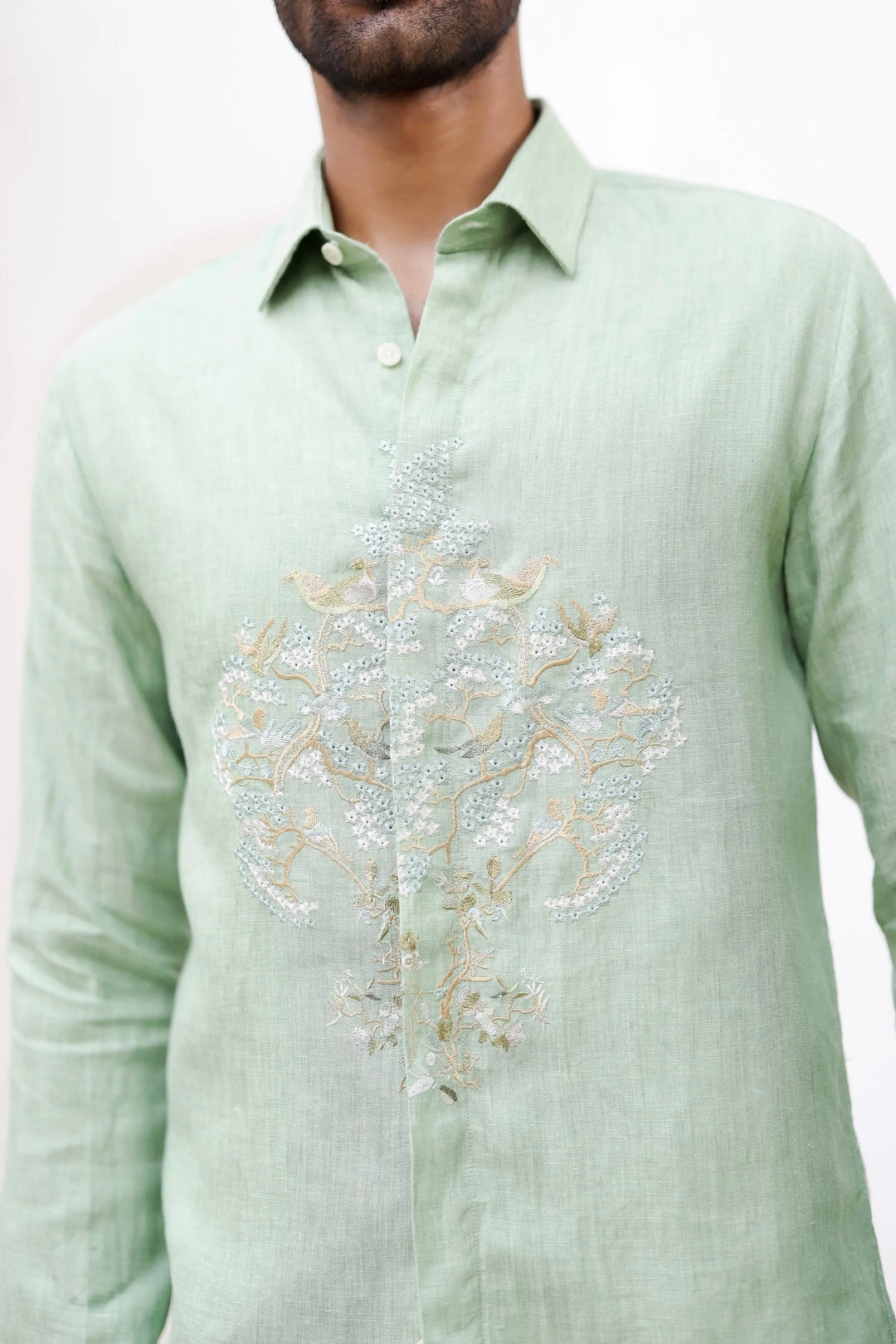 Mint Green Flora Embroidered Shirt - Asuka Couture