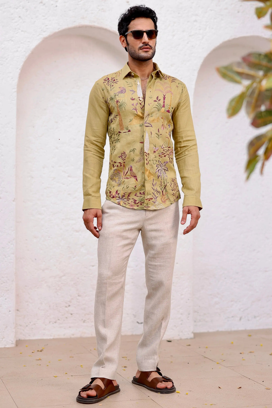 Olive Green Floral Embroidery Shirt - Asuka Couture