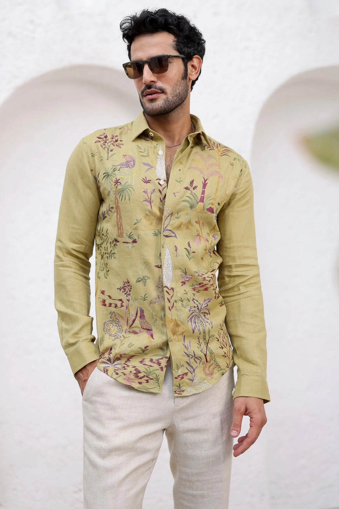 Olive Green Floral Embroidery Shirt - Asuka Couture