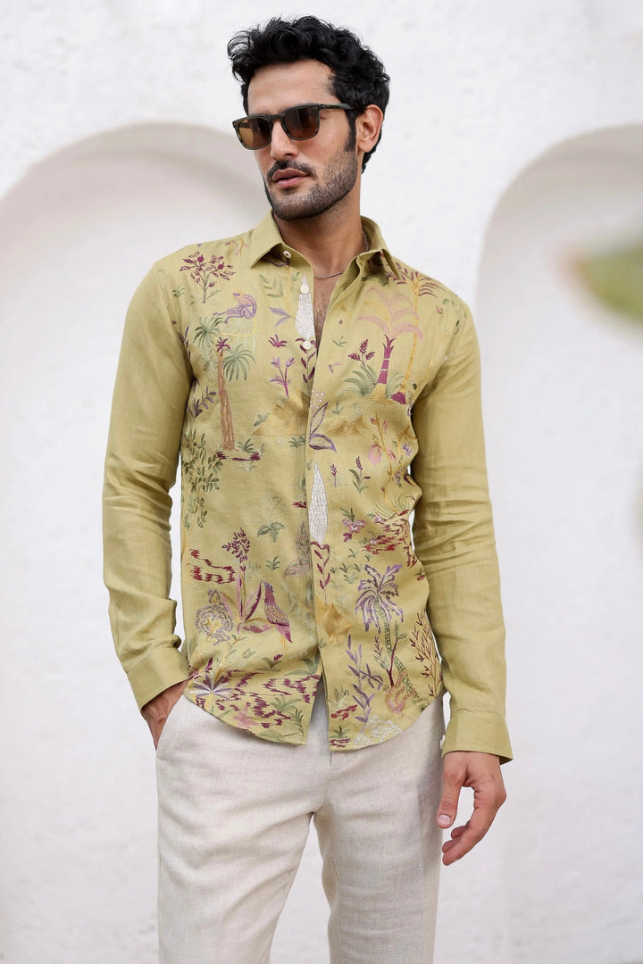 Olive Green Floral Embroidery Shirt - Asuka Couture