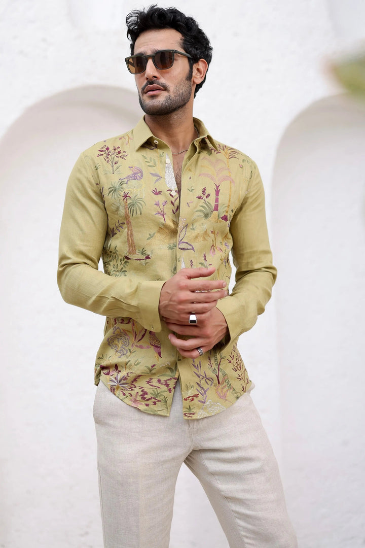 Olive Green Floral Embroidery Shirt - Asuka Couture
