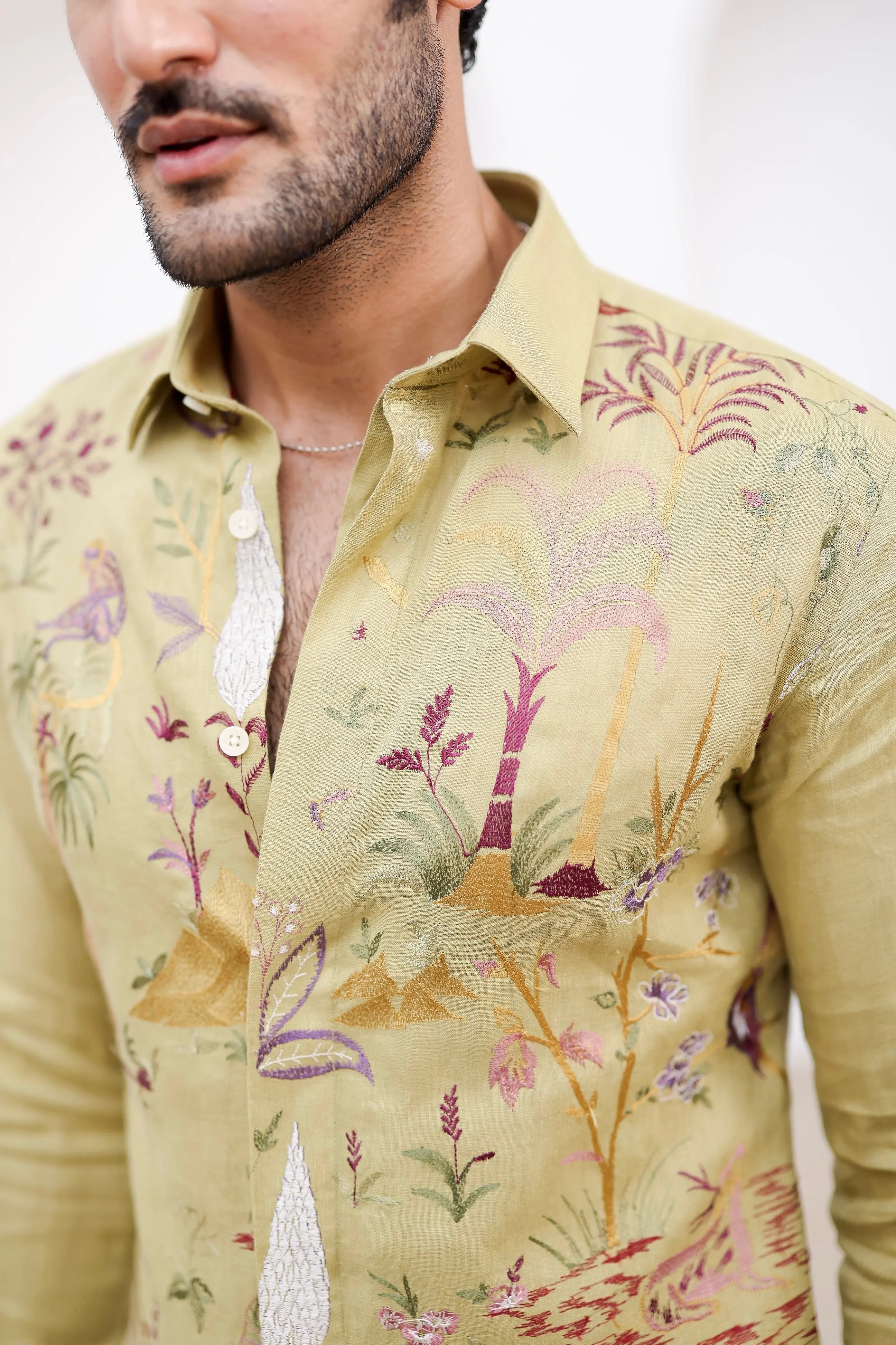 Olive Green Floral Embroidery Shirt