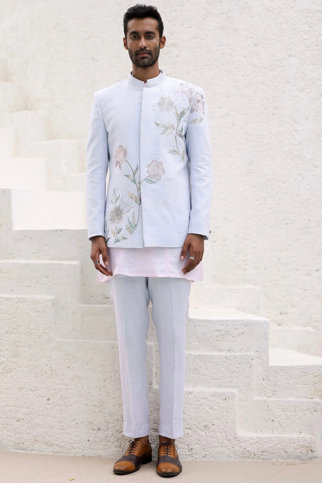 Sky Blue Floral Design Bandhgala with Pink Kurta - Asuka Couture