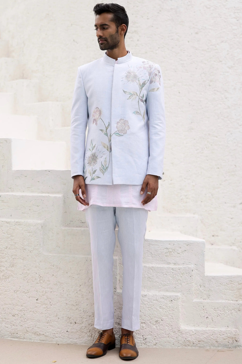 Sky Blue Floral Design Bandhgala with Pink Kurta - Asuka Couture