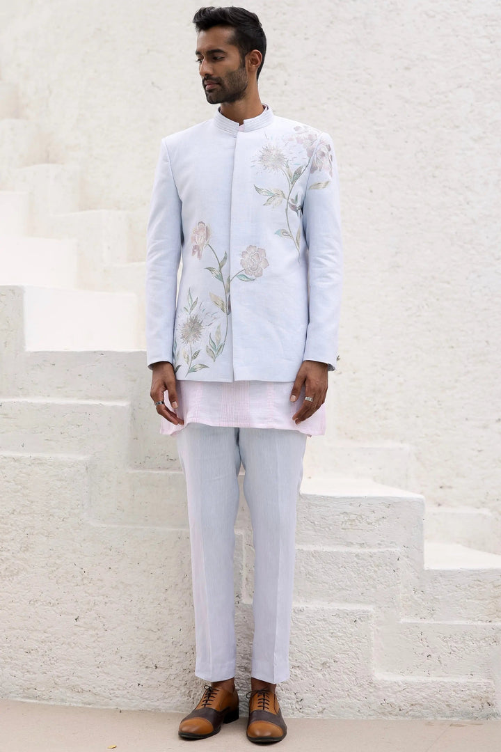 Sky Blue Floral Design Bandhgala with Pink Kurta - Asuka Couture