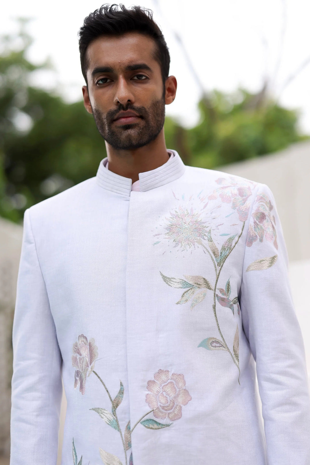 Sky Blue Floral Design Bandhgala with Pink Kurta - Asuka Couture