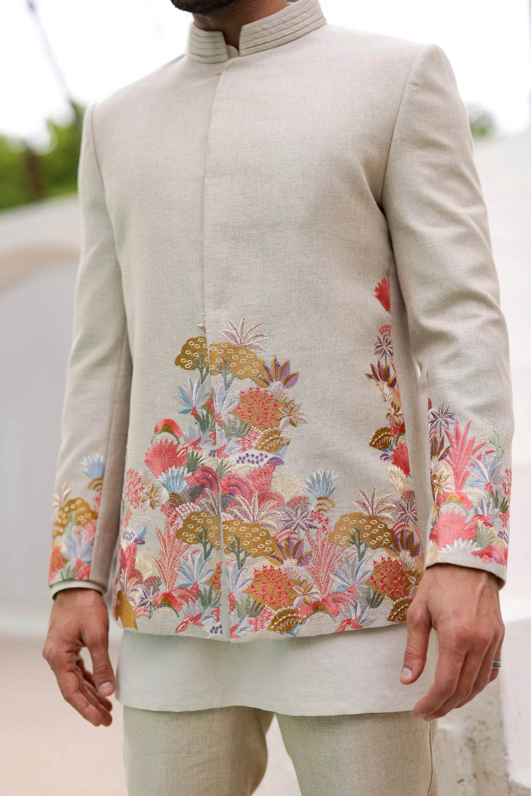 Tan Floral Resham Embroidery Bandhgala - Asuka Couture