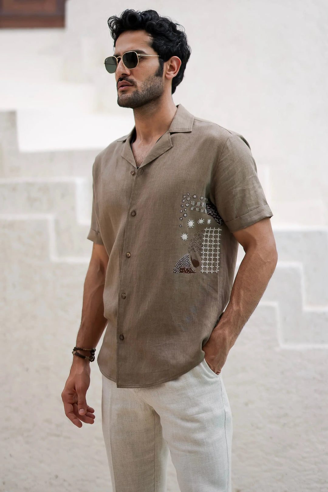Sand Hued Cuban Embroidered Shirt - Asuka Couture