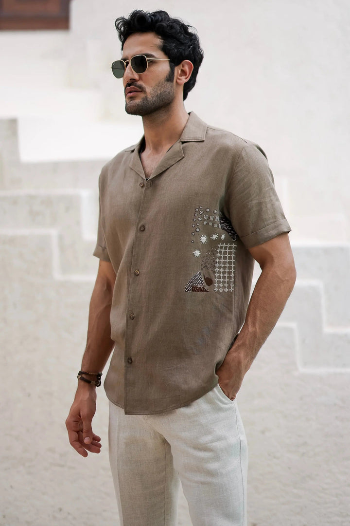 Sand Hued Cuban Embroidered Shirt - Asuka Couture