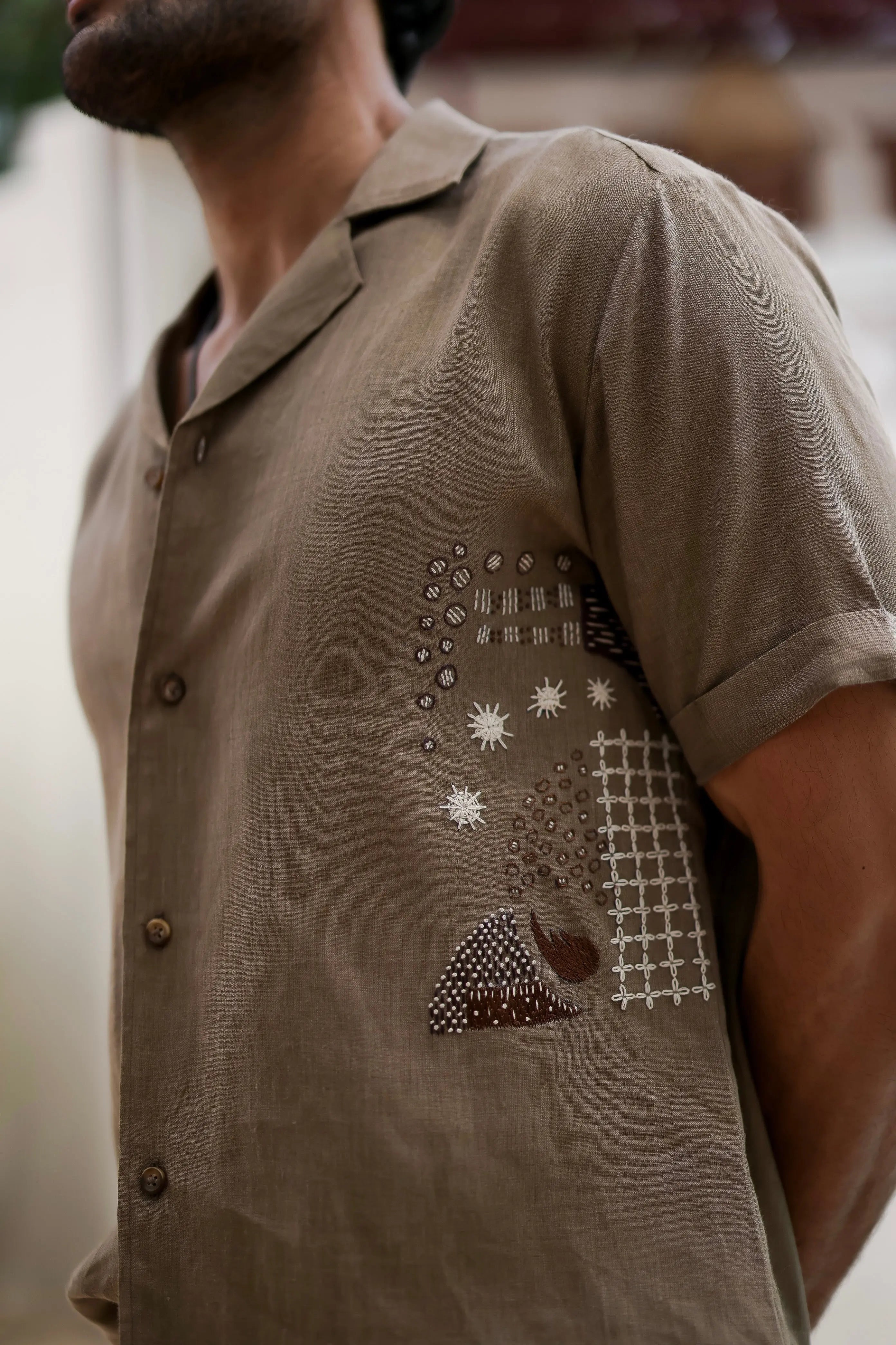 Sand Hued Cuban Embroidered Shirt