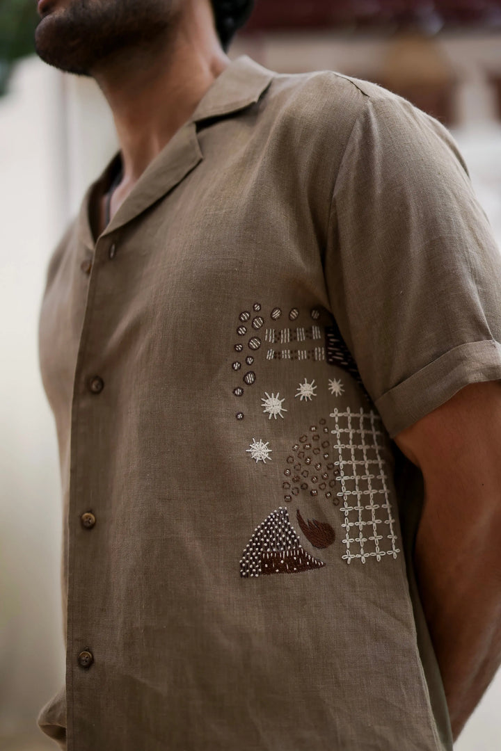 Sand Hued Cuban Embroidered Shirt - Asuka Couture