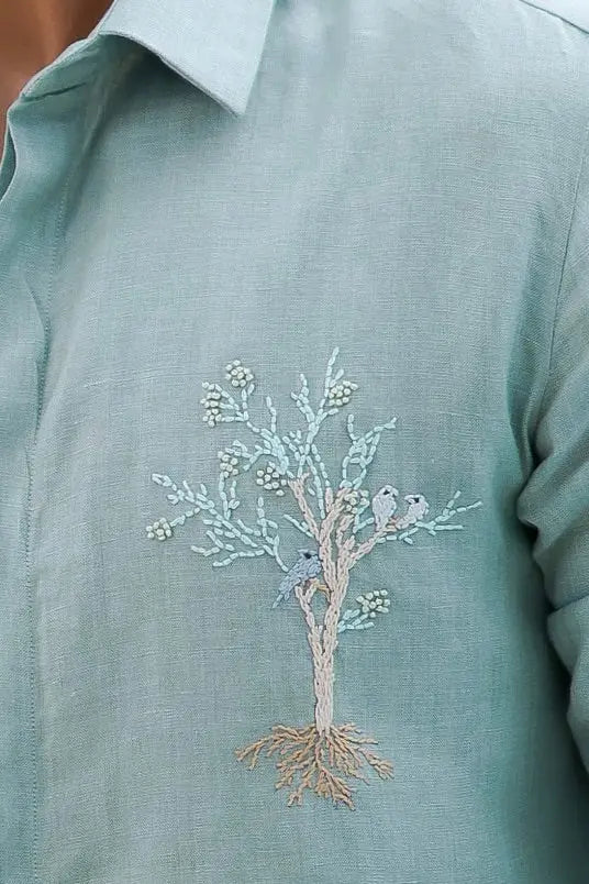 Teal Tree Embroidery Tropical Shirt - Asuka Couture