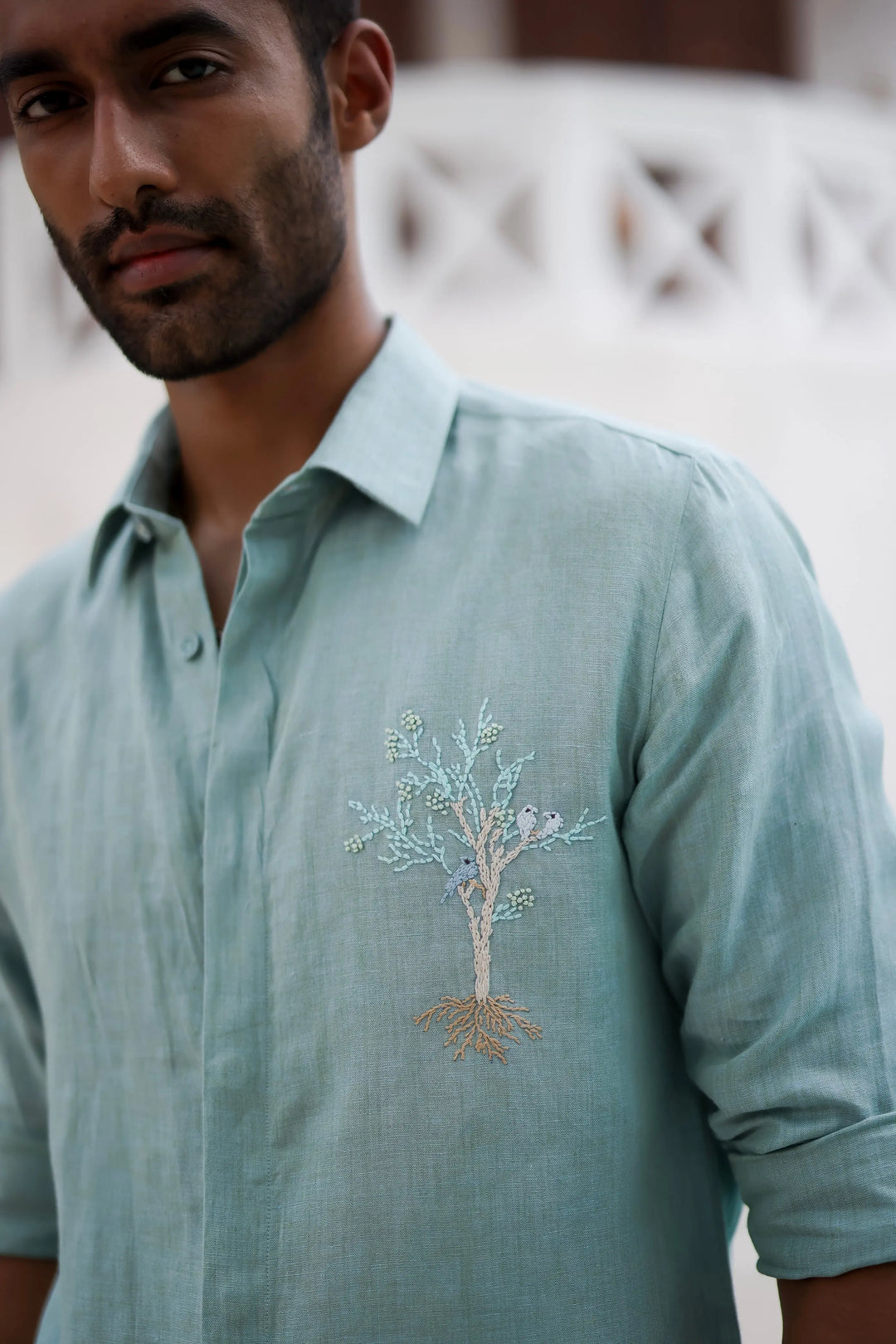 Teal Tree Embroidery Tropical Shirt - Asuka Couture