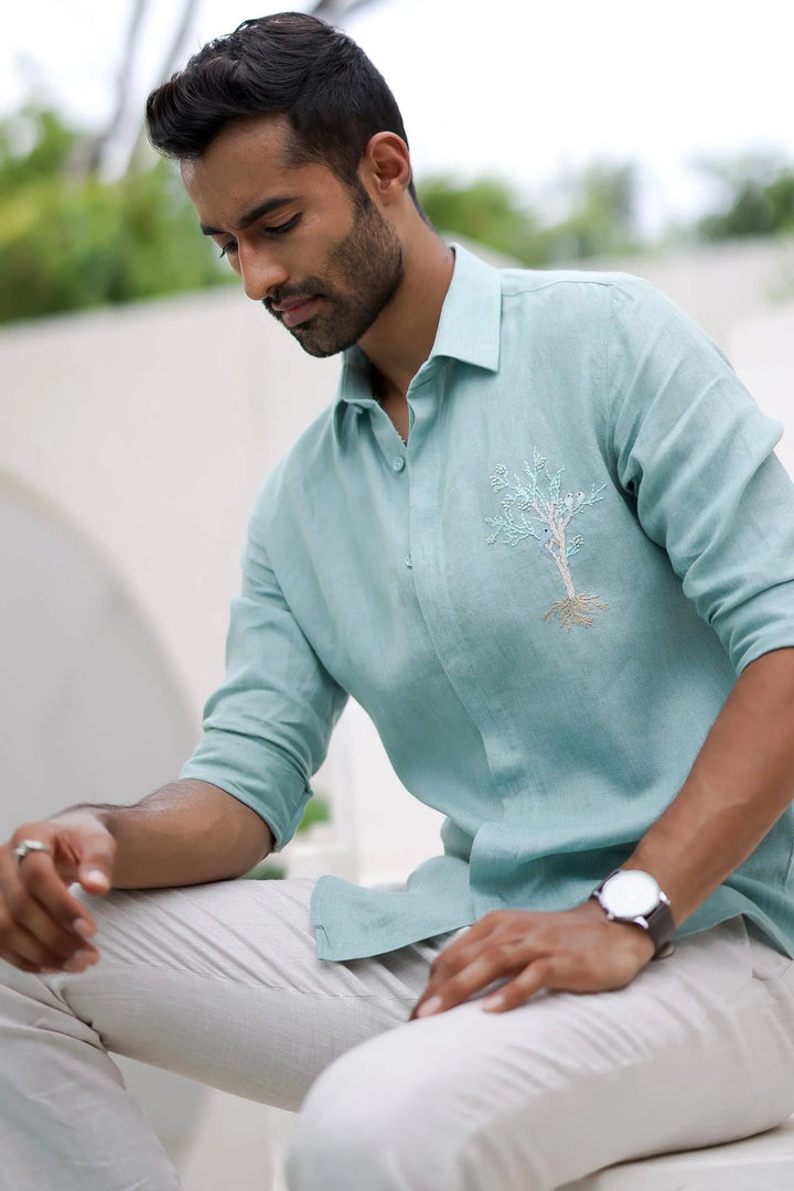 Teal Tree Embroidery Tropical Shirt - Asuka Couture