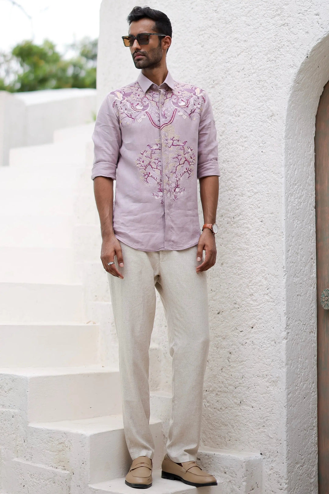 Lavender Floral Resham Embroidery Shirt - Asuka Couture