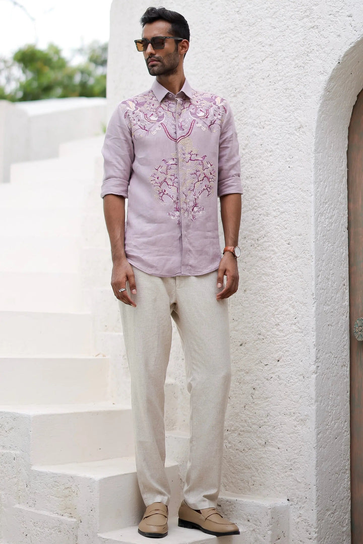 Lavender Floral Resham Embroidery Shirt - Asuka Couture