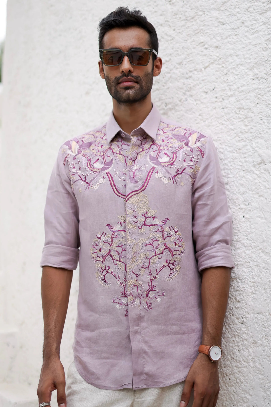 Lavender Floral Resham Embroidery Shirt - Asuka Couture