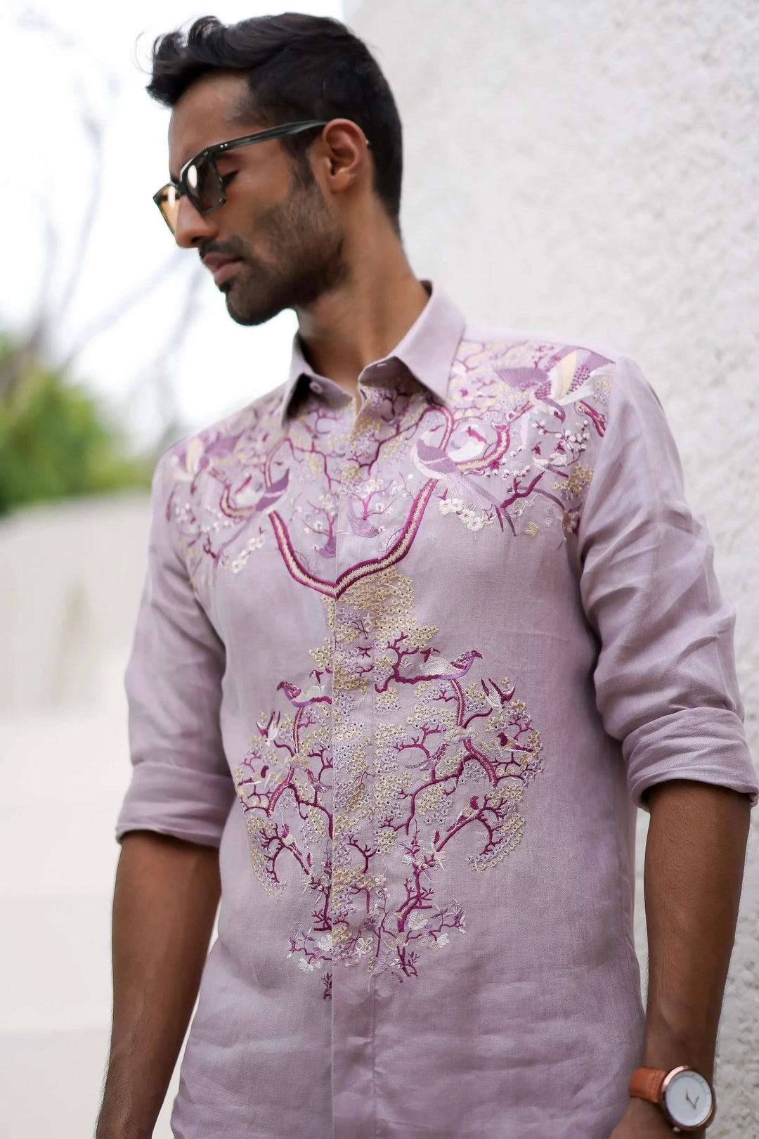 Lavender Floral Resham Embroidery Shirt - Asuka Couture