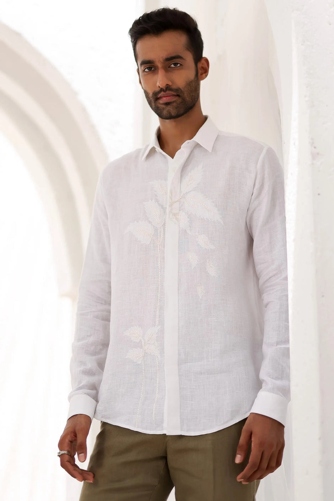 White Applique Leaf Embroidery Shirt - Asuka Couture