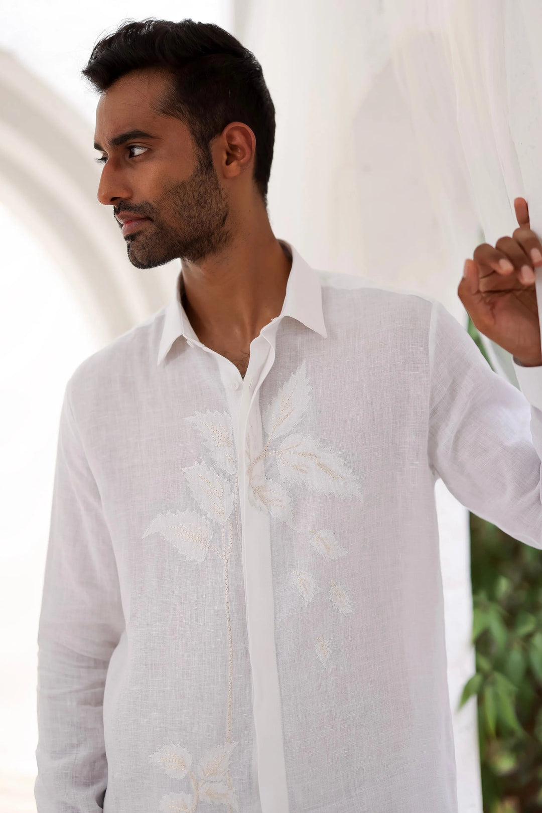White Applique Leaf Embroidery Shirt - Asuka Couture