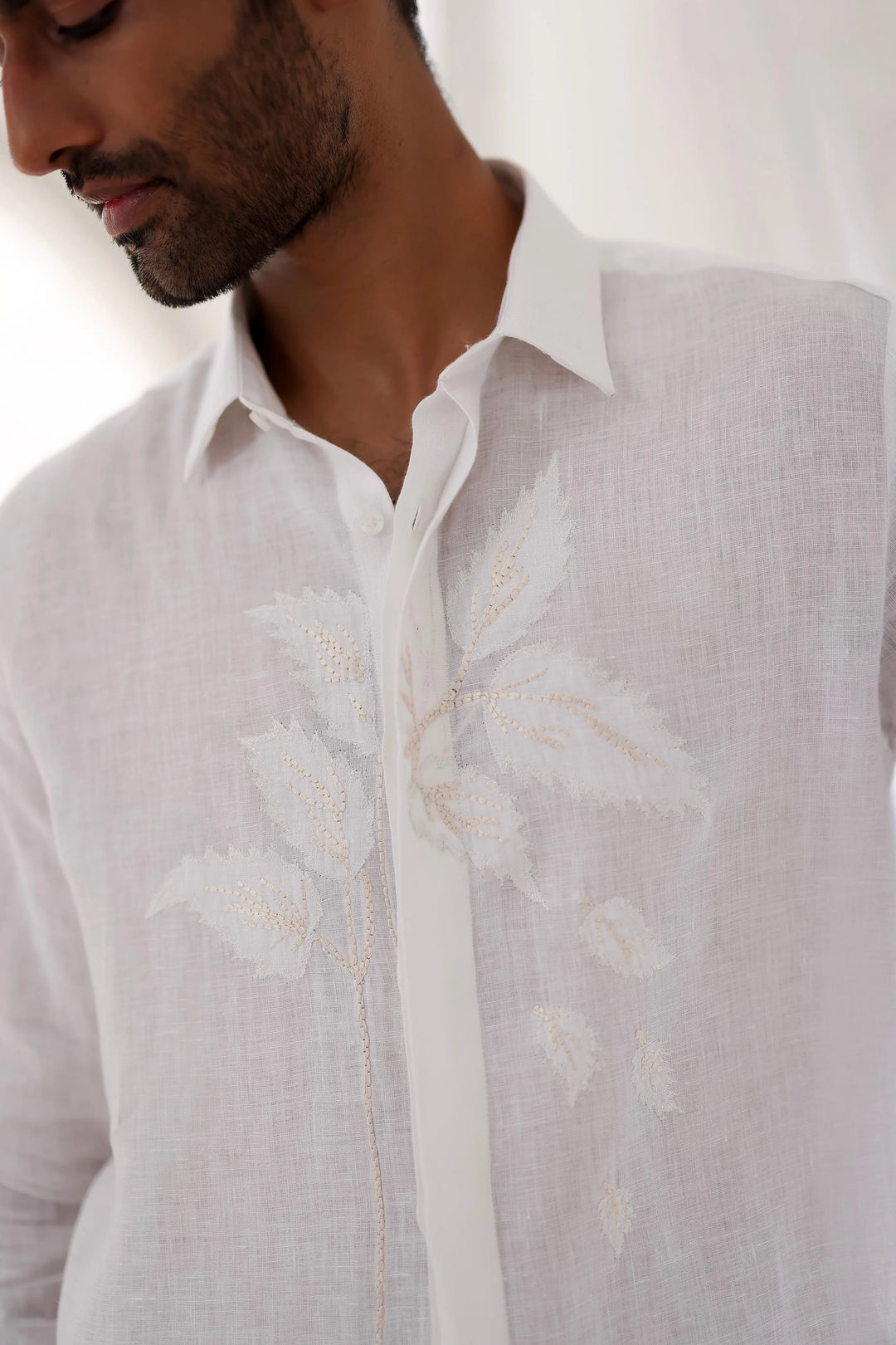 White Applique Leaf Embroidery Shirt - Asuka Couture