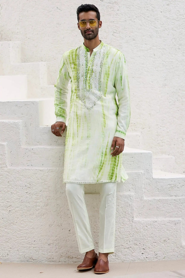 Green Tie-Dye Mirror Work Embroidered Kurta Set - Asuka Couture