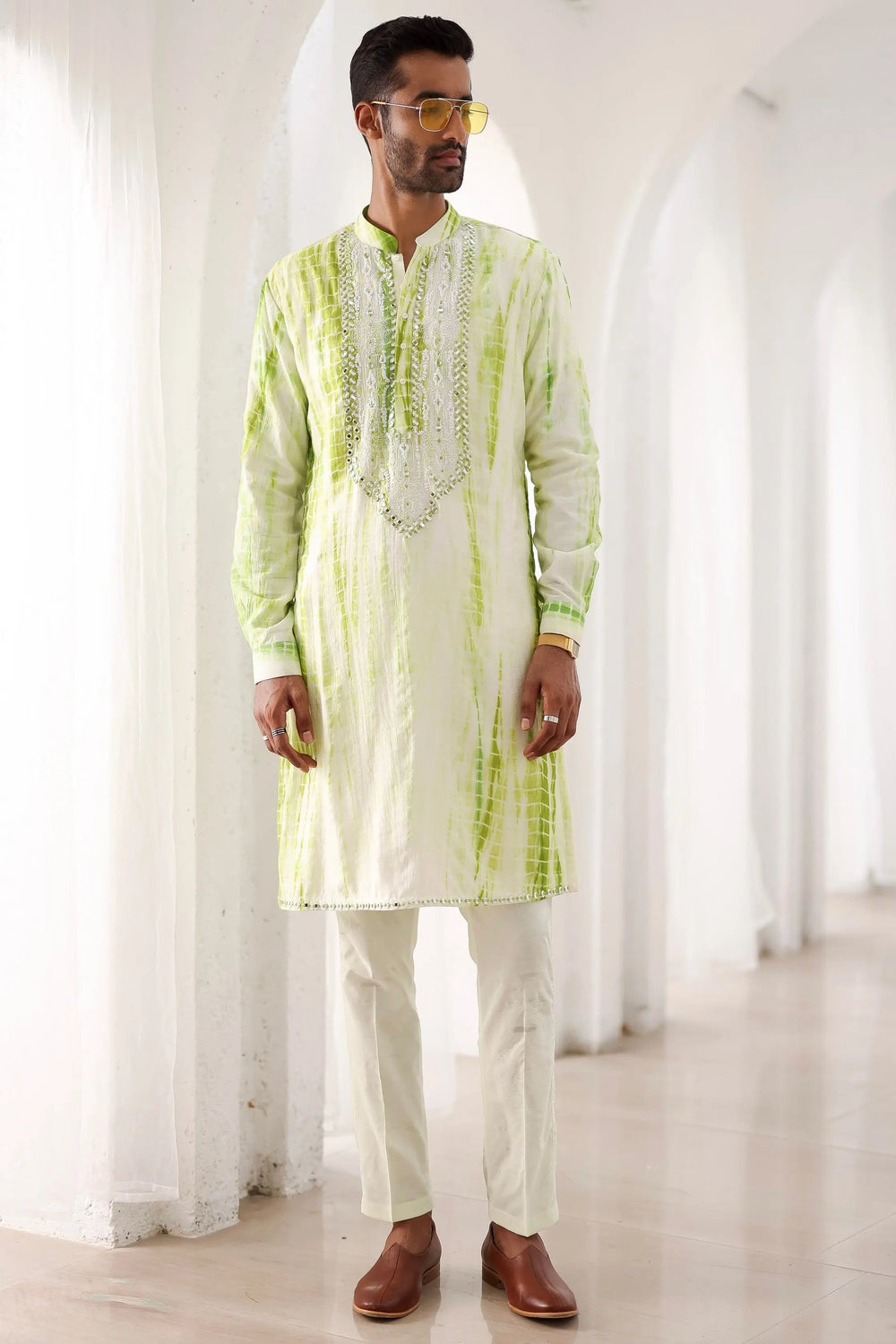 Green Tie-Dye Mirror Work Embroidered Kurta Set - Asuka Couture