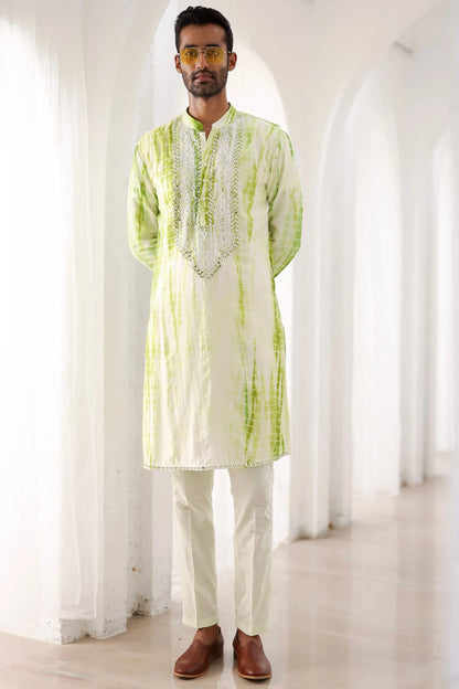 Green Tie-Dye Mirror Work Embroidered Kurta Set