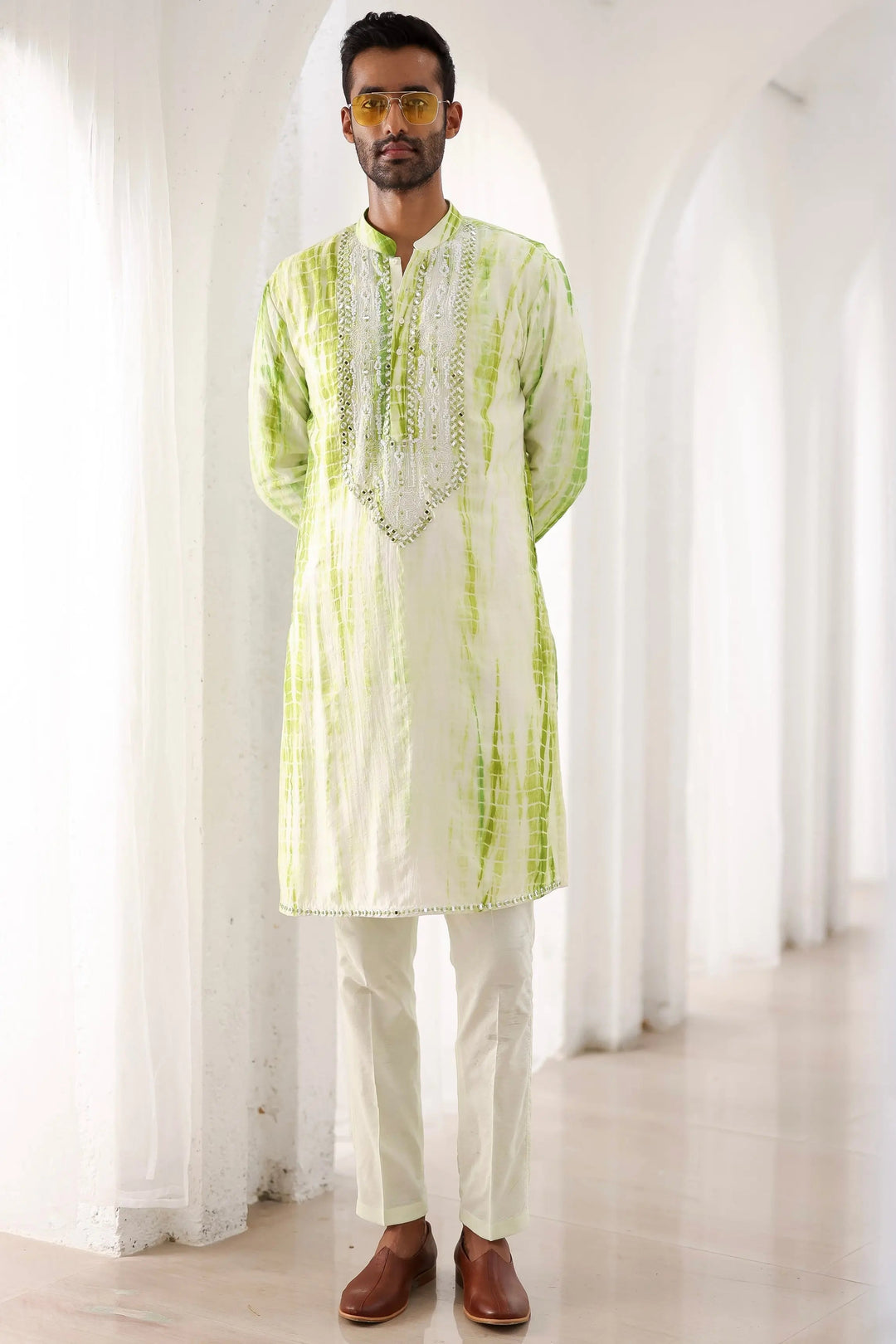 Green Tie-Dye Mirror Work Embroidered Kurta Set - Asuka Couture