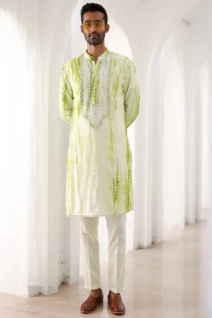 Green Tie-Dye Mirror Work Embroidered Kurta Set - Asuka Couture