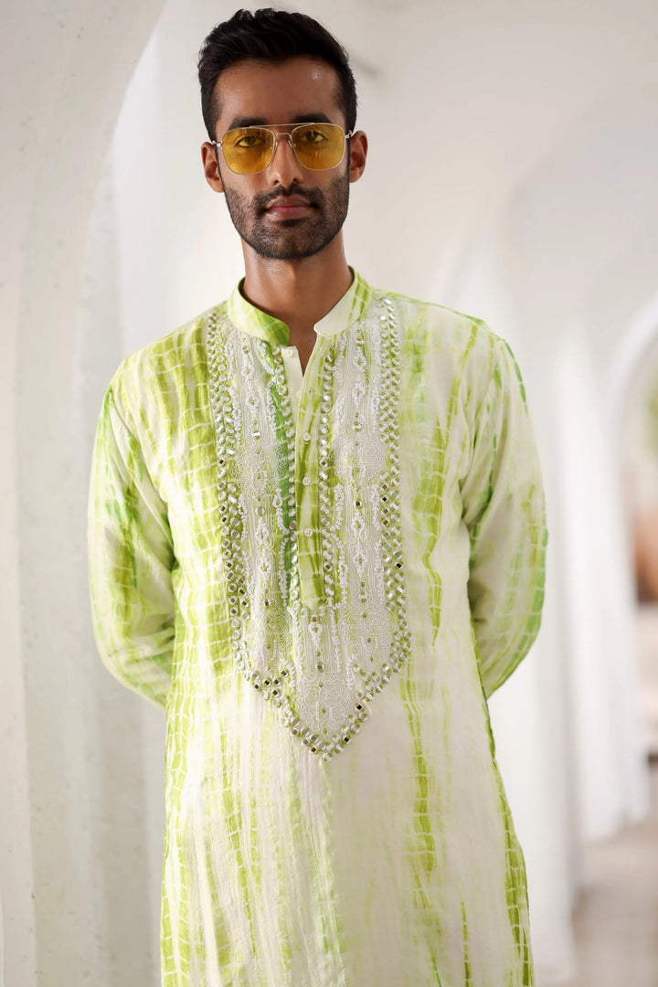 Green Tie-Dye Mirror Work Embroidered Kurta Set - Asuka Couture