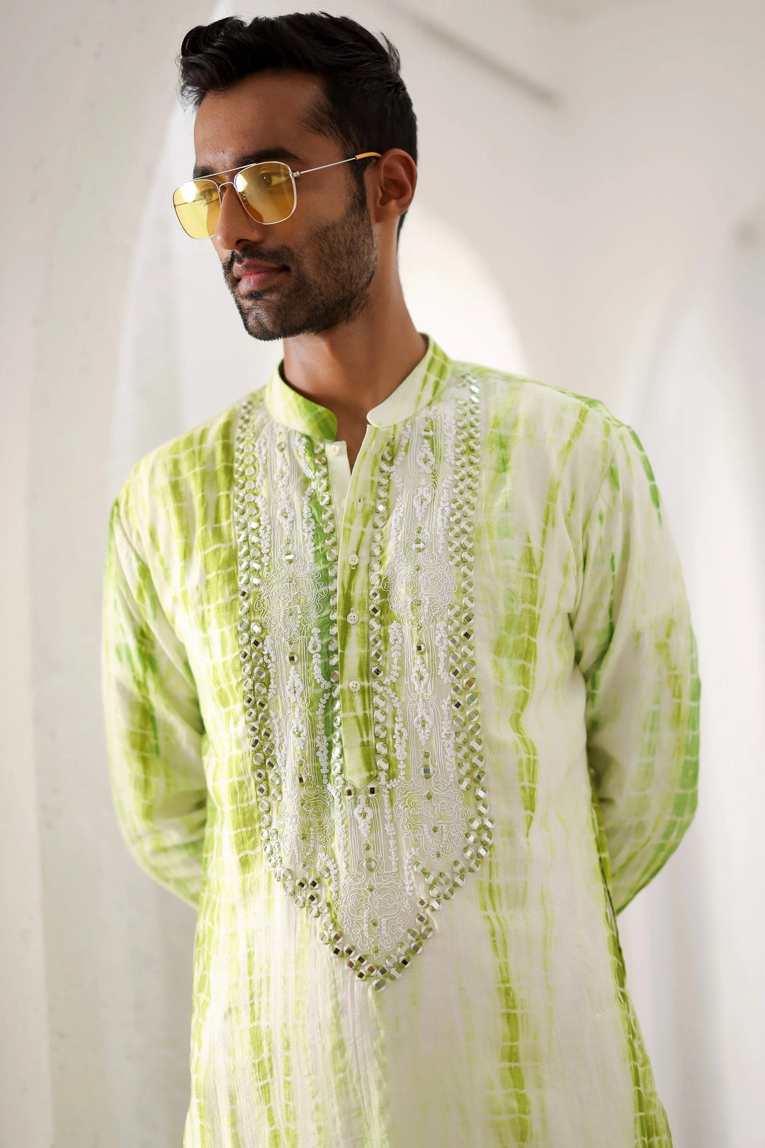 Green Tie-Dye Mirror Work Embroidered Kurta Set - Asuka Couture