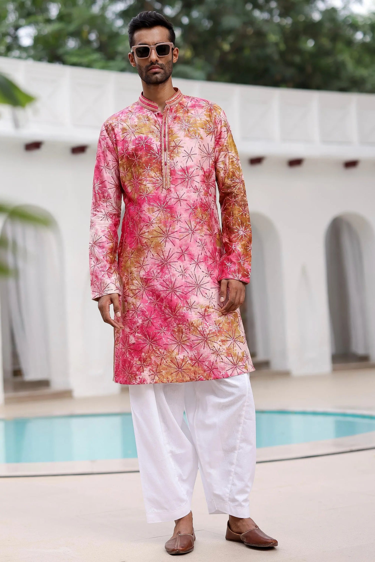 Pink Wine Tie-Dye Sequins Embroidery Kurta Set