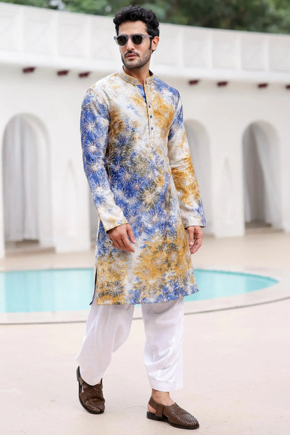 Blue and Mustard Tie-Dye Resham Embroidered Kurta Set