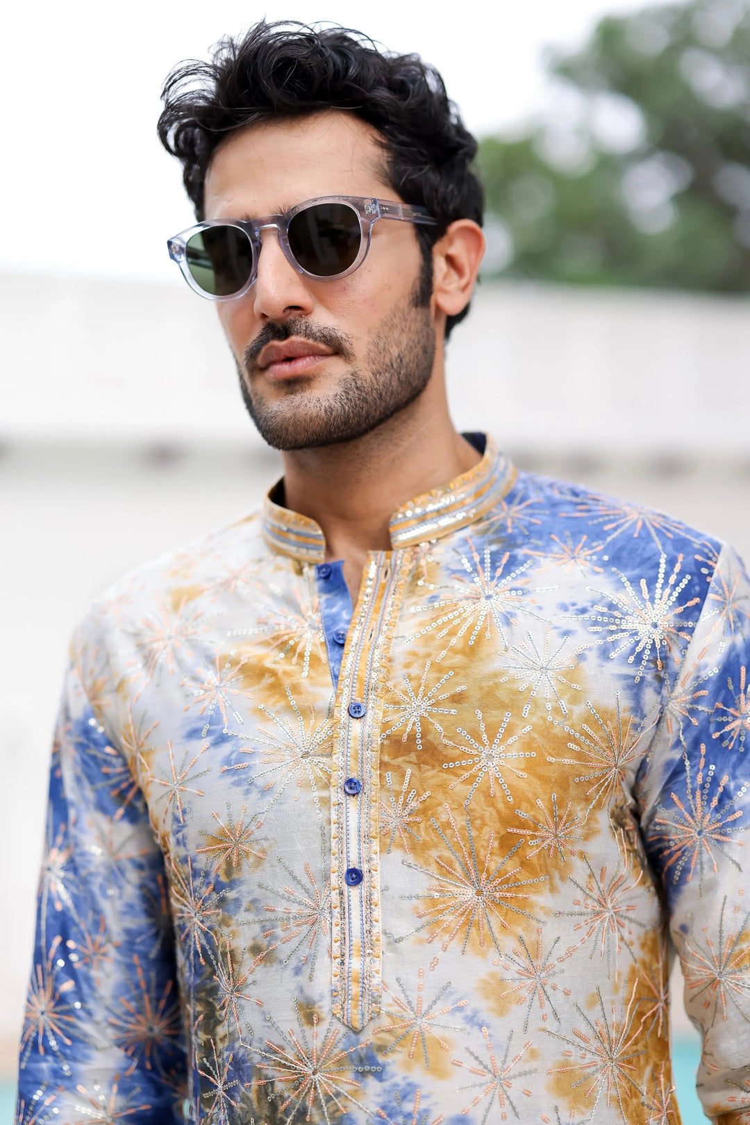 Blue and Mustard Tie-Dye Resham Embroidered Kurta Set - Asuka Couture