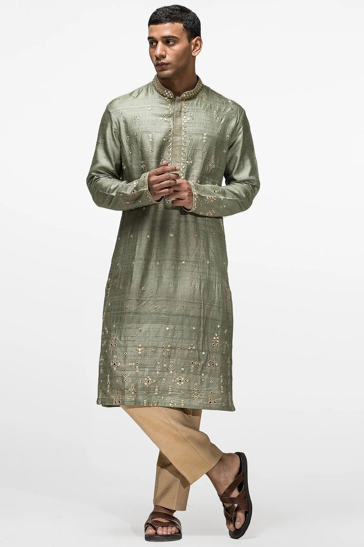Olive Green Booti Mirror Work Kurta - Asuka Couture