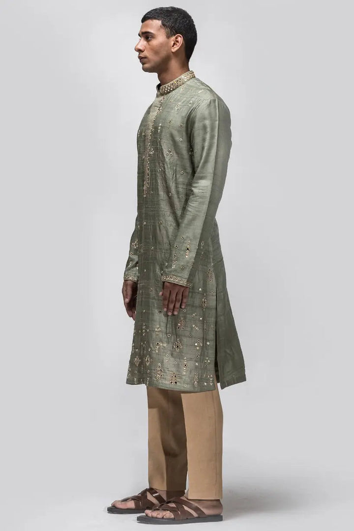 Olive Green Booti Mirror Work Kurta - Asuka Couture
