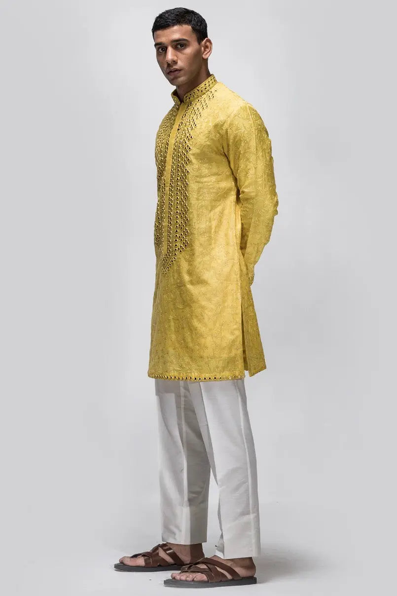 Yellow Resham Mirror Work Kurta - Asuka Couture